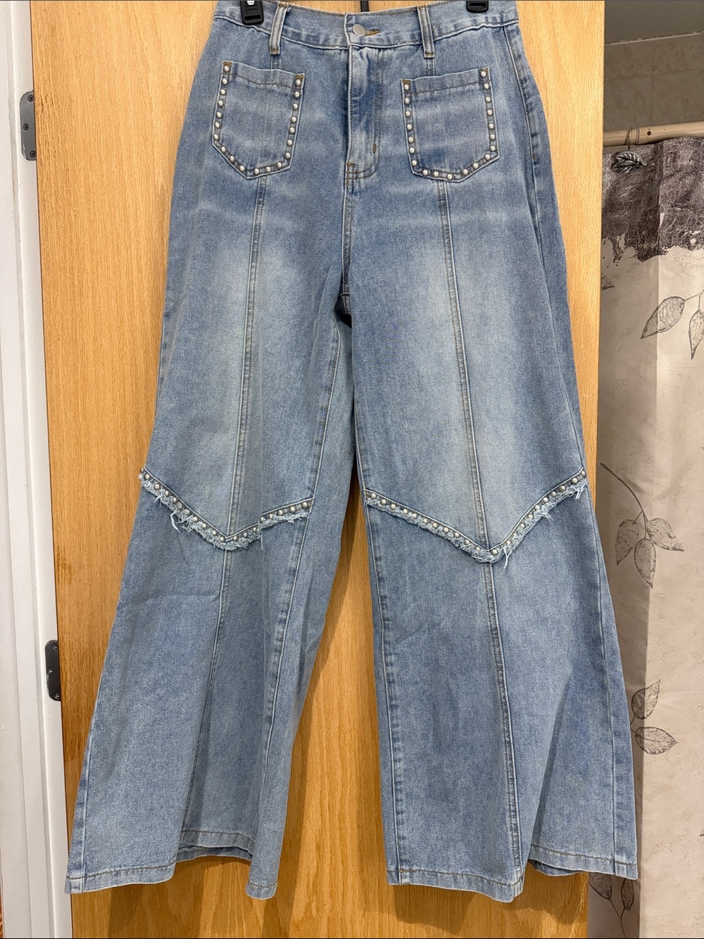 POL Light Blue Stud-Trim Wide Leg Jeans